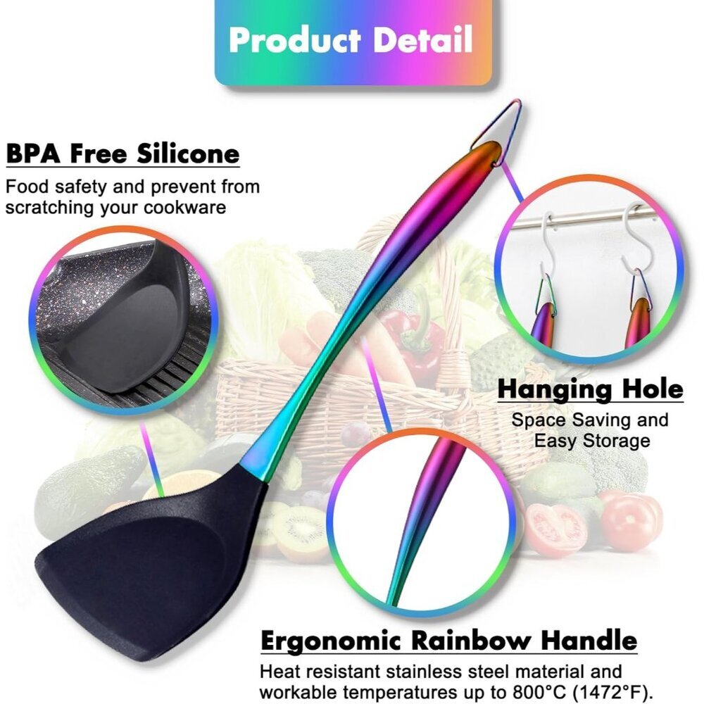 Silicone Cooking Utensils Set, 9Pcs Kitchen Utensil Set with Stainless Steel Han - Picture 4 of 9